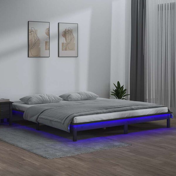 vidaXL Estructura de cama doble con LED madera maciza gris 120x190 cm