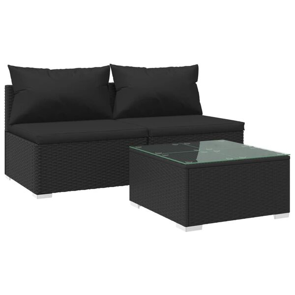 vidaXL Set de muebles de jard&iacute;n 3 pzas y cojines rat&aacute;n sint&eacute;tico negro