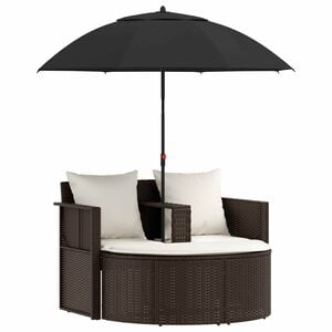 vidaXL Cama de jard&iacute;n con sombrilla rat&aacute;n sint&eacute;tico marr&oacute;n