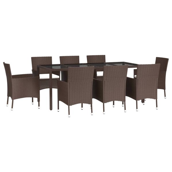 vidaXL Set comedor para jard&iacute;n 9 pzas y cojines rat&aacute;n sint&eacute;tico marr&oacute;n