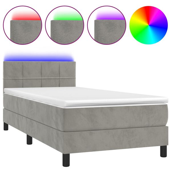 vidaXL Cama box spring colch&oacute;n y LED terciopelo gris claro 100x200 cm