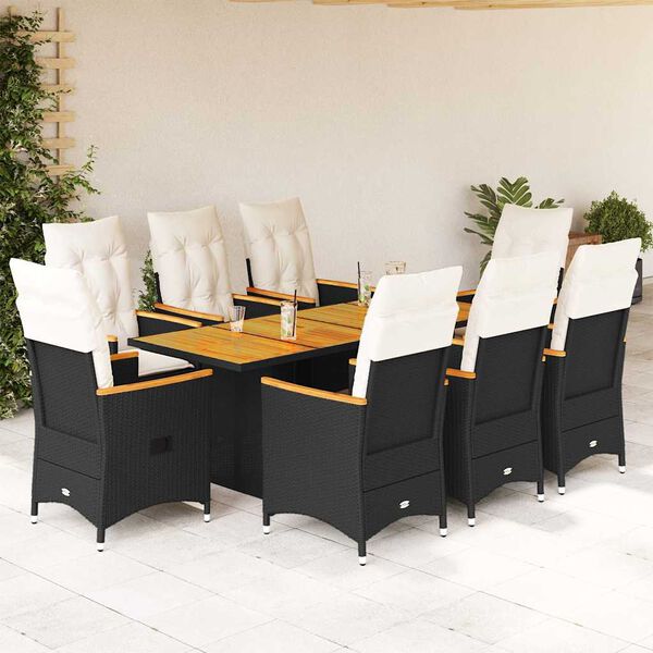 vidaXL Set de comedor de jard&iacute;n 9 pzas y cojines rat&aacute;n sint&eacute;tico negro