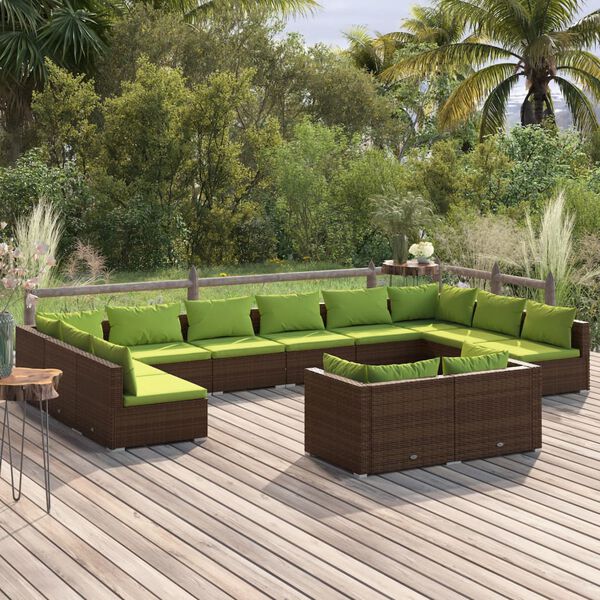 vidaXL Set muebles de jard&iacute;n 12 pzas y cojines rat&aacute;n sint&eacute;tico marr&oacute;n