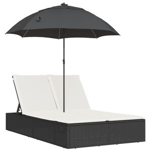 vidaXL Tumbona doble con cojines y sombrilla rat&aacute;n sint&eacute;tico negro