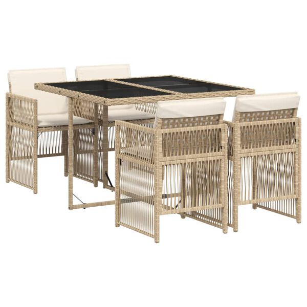 vidaXL Set comedor de jard&iacute;n 5 pzas con cojines rat&aacute;n sint&eacute;tico beige