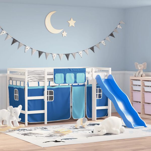 vidaXL Cama alta para ni&ntilde;os con cortinas madera pino azul 90x200 cm