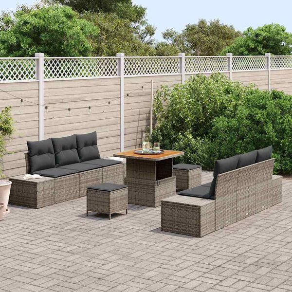 vidaXL Conjunto de sof&aacute;s de jard&iacute;n con coj&iacute;n 9 pcs Gris Polirat&aacute;n