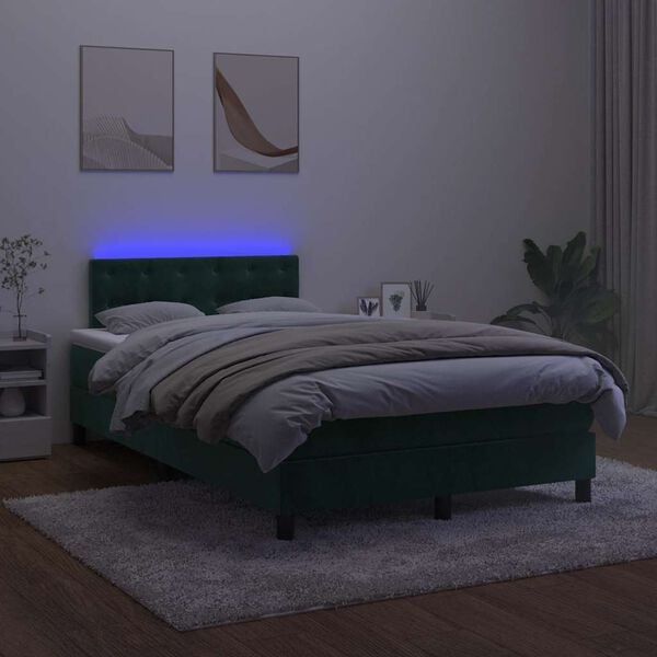 vidaXL Cama box spring colch&oacute;n y LED terciopelo verde oscuro 120x200cm