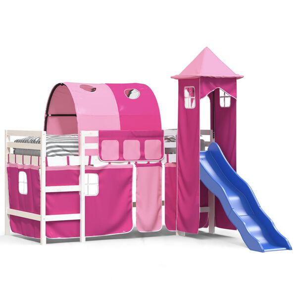 vidaXL Cama alta para ni&ntilde;os con torre madera pino rosa 90x190 cm
