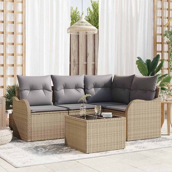 vidaXL Conjunto de sofá de jardín con cojín 5 pcs Beige Poliratán