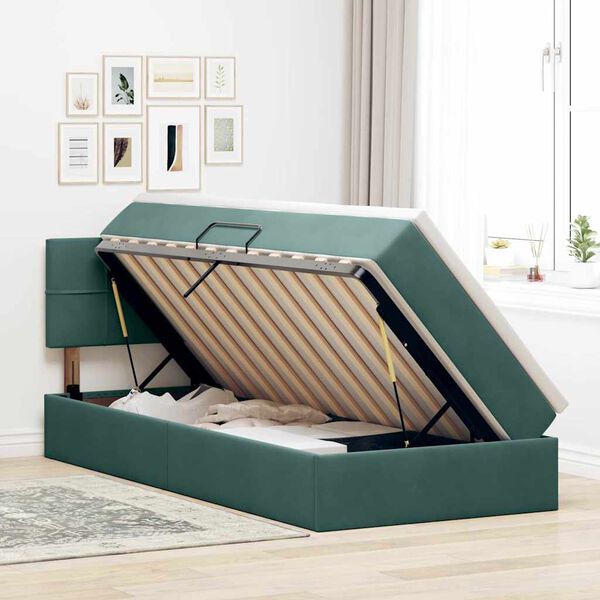 vidaXL Cama con almacenamiento y LED con LED Verde oscuro 90 x 190 cm