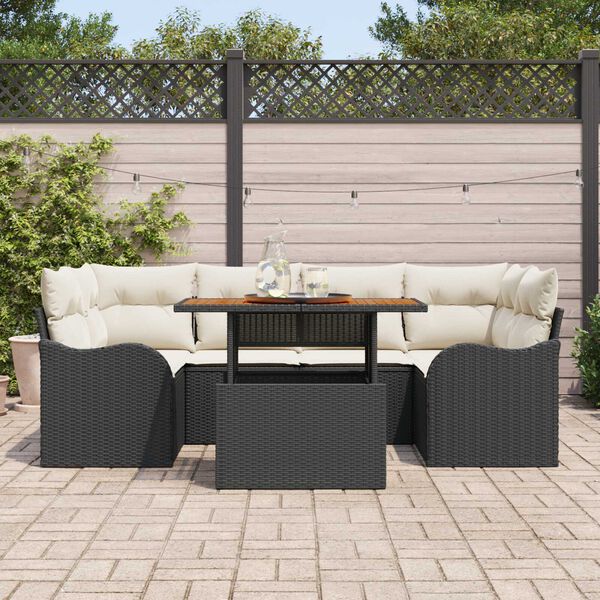 vidaXL Conjunto de sof&aacute; de jard&iacute;n 7 pcs Negro Polirat&aacute;n