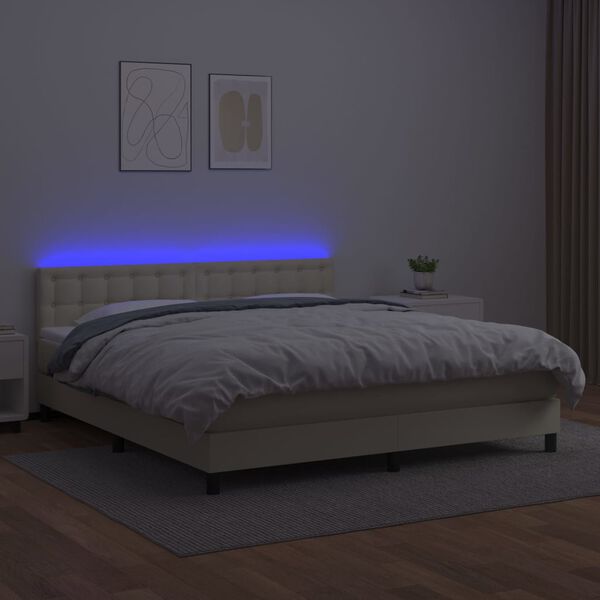 vidaXL Cama box spring colch&oacute;n y LED cuero sint&eacute;tico crema 180x200 cm