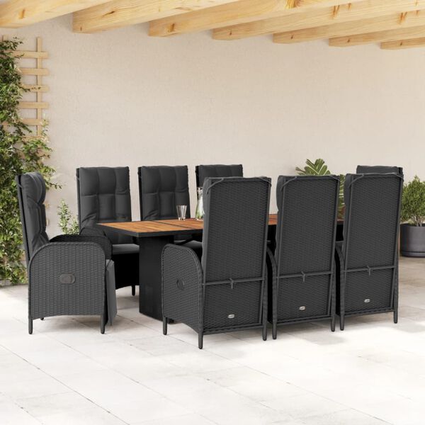vidaXL Set de comedor de jard&iacute;n 9 pzas y cojines rat&aacute;n sint&eacute;tico negro