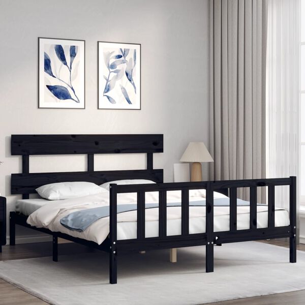 vidaXL Estructura cama de matrimonio con cabecero madera maciza negro