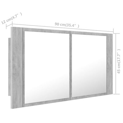 vidaXL Armario espejo baño luz LED acrílico gris hormigón 90x12x45 cm
