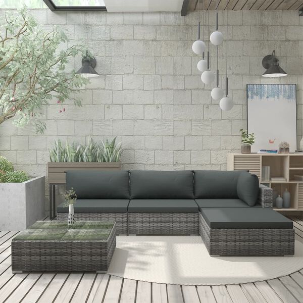 vidaXL Set de muebles de jardín 5 pzas y cojines ratán sintético gris