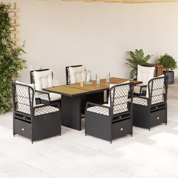 vidaXL Set de comedor de jard&iacute;n 7 pzas y cojines rat&aacute;n sint&eacute;tico negro
