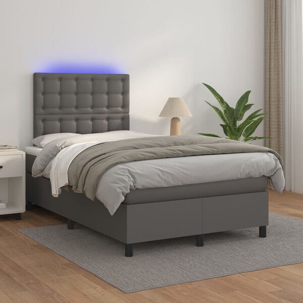 vidaXL Cama box spring colch&oacute;n y LED cuero sint&eacute;tico gris 120x200 cm