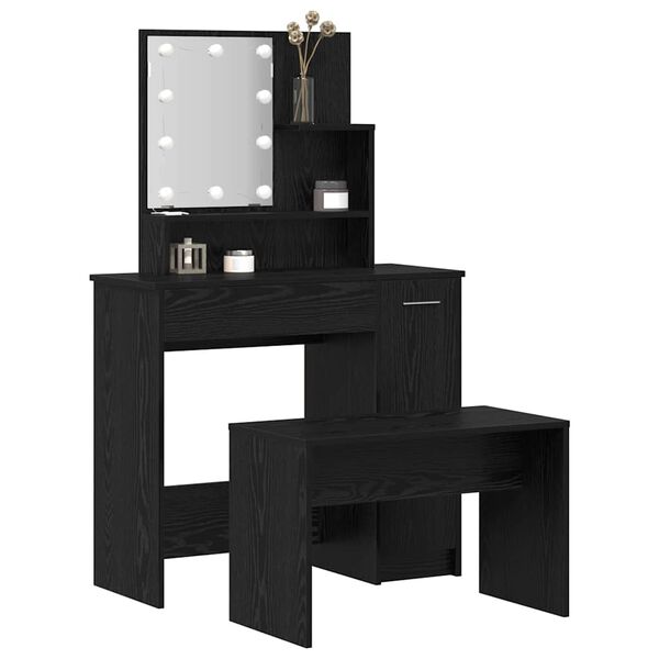 vidaXL Juego de mesa de tocador LED con caj&oacute;n 2 pcs Roble Negro