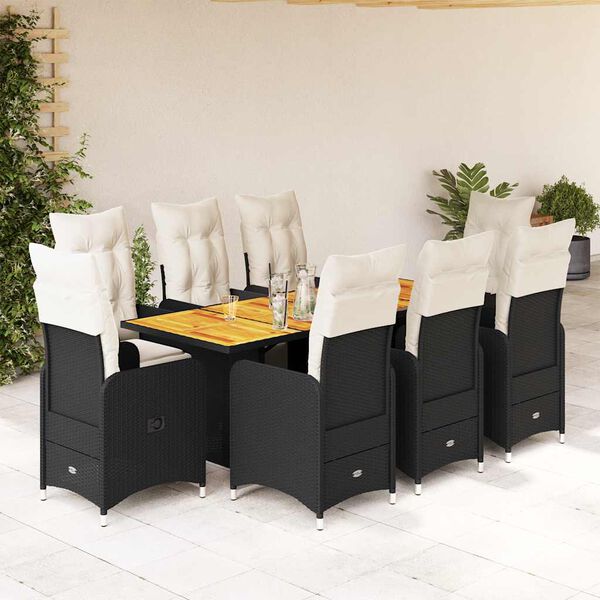 vidaXL Set de mesa y sillas de jard&iacute;n 9 pzas y cojines rat&aacute;n PE negro