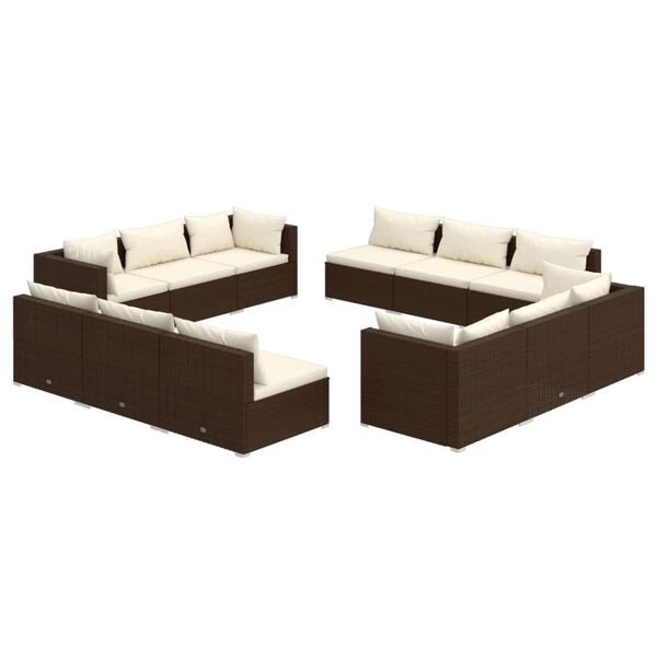vidaXL Set muebles de jard&iacute;n y cojines 12 pzas rat&aacute;n sint&eacute;tico marr&oacute;n