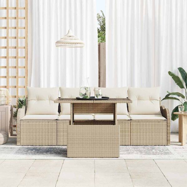 vidaXL Conjunto de sof&aacute; de jard&iacute;n con coj&iacute;n 5 pcs Beige Polirat&aacute;n