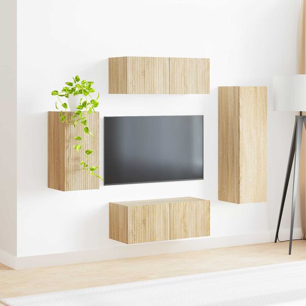 vidaXL Conjunto de mueble de TV Montaje en la pared 4 pcs Roble Sonoma
