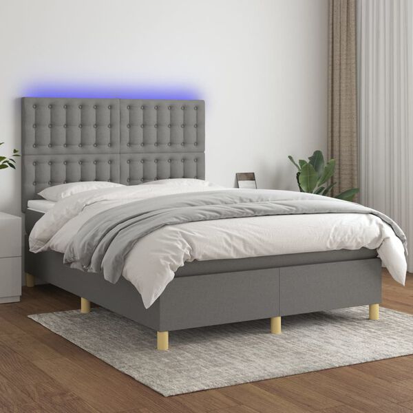 vidaXL Cama box spring colch&oacute;n y luces LED tela gris oscuro 140x200 cm