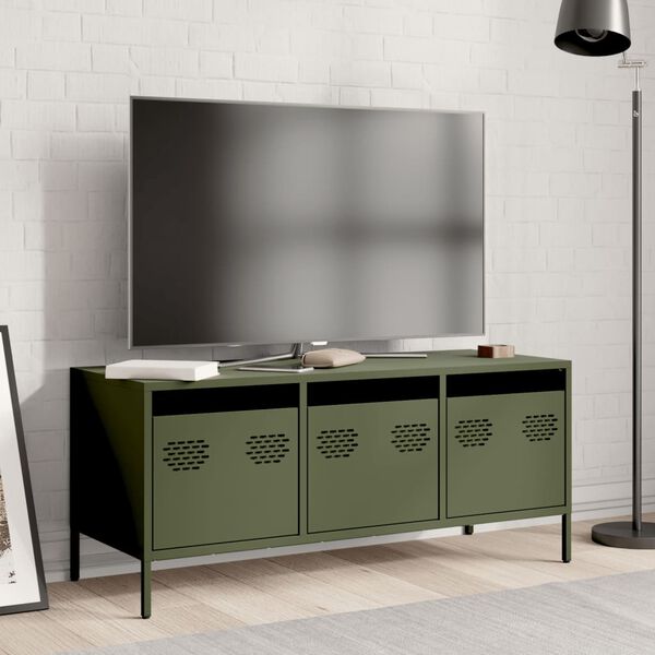 vidaXL Mueble TV acero laminado en fr&iacute;o verde oliva 101,5x39x43,5 cm