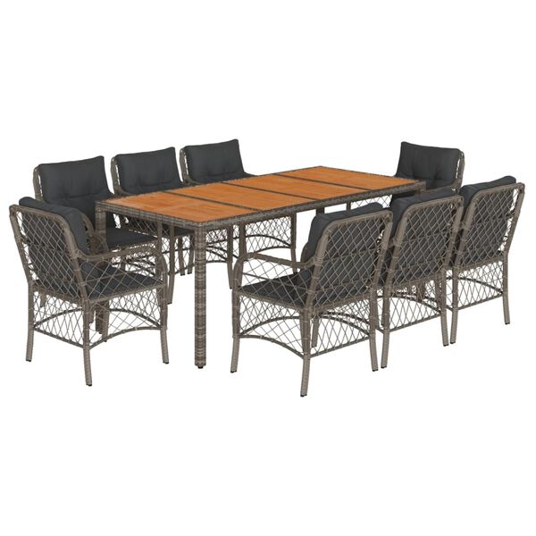 vidaXL Set comedor jard&iacute;n 9 pzas y cojines rat&aacute;n sint&eacute;tico gris
