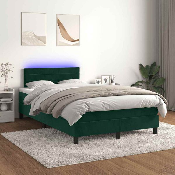 vidaXL Cama box spring colch&oacute;n y LED terciopelo verde oscuro 120x200cm