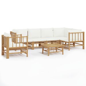 vidaXL Set de muebles de jard&iacute;n 7 piezas bamb&uacute; y cojines blanco crema