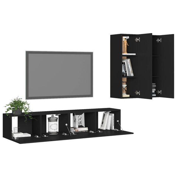 vidaXL Set de muebles de sal&oacute;n TV 4 piezas madera de ingenier&iacute;a negro