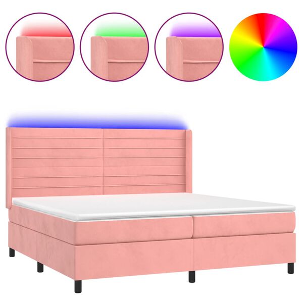 vidaXL Cama box spring colch&oacute;n y LED terciopelo rosa 200x200 cm