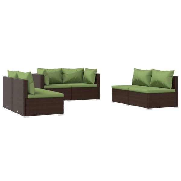 vidaXL Set muebles de jard&iacute;n 6 piezas y cojines rat&aacute;n sint&eacute;tico marr&oacute;n