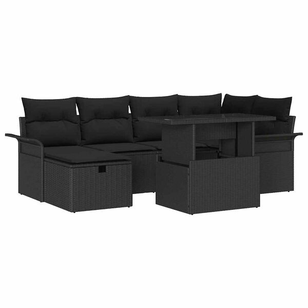 vidaXL Conjunto de sof&aacute; de jard&iacute;n con coj&iacute;n 7 pcs Negro Polirat&aacute;n