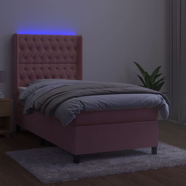 vidaXL Cama box spring colch&oacute;n y LED terciopelo rosa 90x200 cm