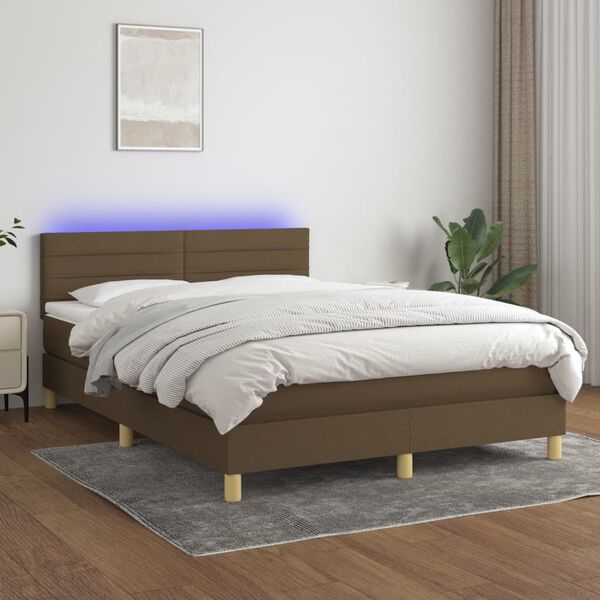 vidaXL Cama box spring colch&oacute;n luces LED tela marr&oacute;n oscuro 140x190 cm