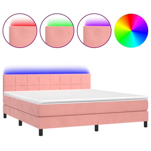 vidaXL Cama box spring colch&oacute;n y LED terciopelo rosa 180x200 cm