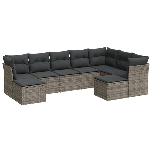 vidaXL Set de muebles de jard&iacute;n 9 pzas y cojines rat&aacute;n sint&eacute;tico gris