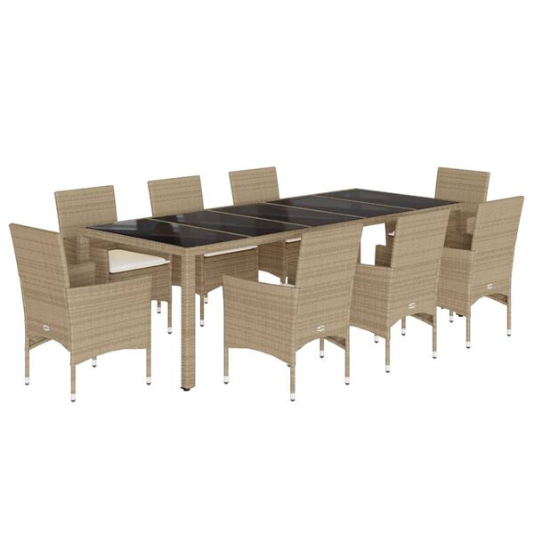 vidaXL Set comedor jard&iacute;n 9 pzas cojines rat&aacute;n sint&eacute;tico vidrio beige