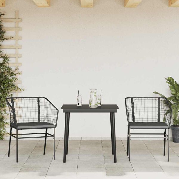 vidaXL Set comedor jard&iacute;n 3 pzas cojines rat&aacute;n sint&eacute;tico vidrio negro
