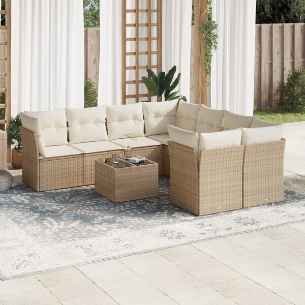 vidaXL Set de sof&aacute;s de jard&iacute;n 9 pzas con cojines rat&aacute;n sint&eacute;tico beige
