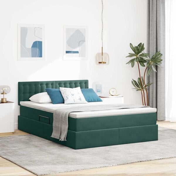 vidaXL Cama con almacenamiento y LED con LED Verde oscuro 140 x 200 cm