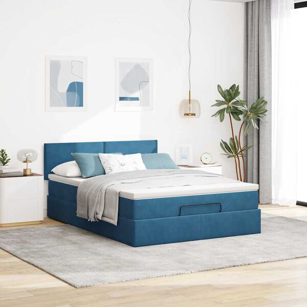 vidaXL Estructura de cama otomana con colch&oacute;n azul oscuro 140x200 cm