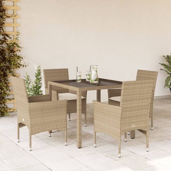 vidaXL Set comedor jard&iacute;n 5 pzas cojines rat&aacute;n sint&eacute;tico vidrio beige
