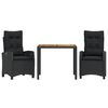 vidaXL Set comedor de jard&iacute;n 3 pzas con cojines rat&aacute;n sint&eacute;tico negro
