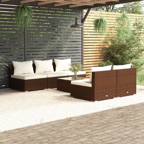 vidaXL Set muebles de jard&iacute;n 6 piezas y cojines rat&aacute;n sint&eacute;tico marr&oacute;n