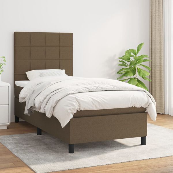 vidaXL Cama box spring con colch&oacute;n tela marr&oacute;n oscuro 90x200 cm